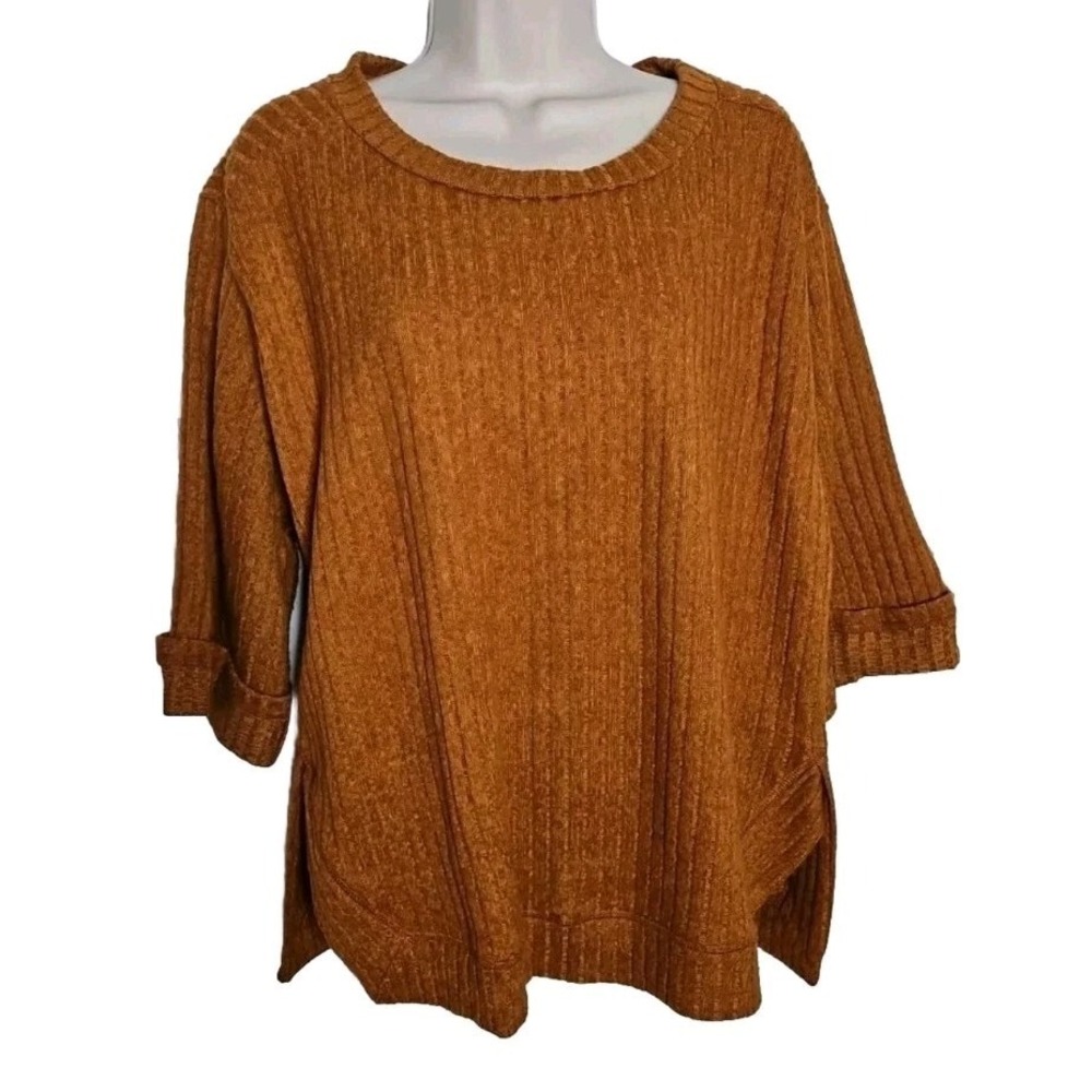 Umgee USA Fall Burnt Orange Ribbed Boho Knit Tunic Top 3/4 Sleeve Women's Size S